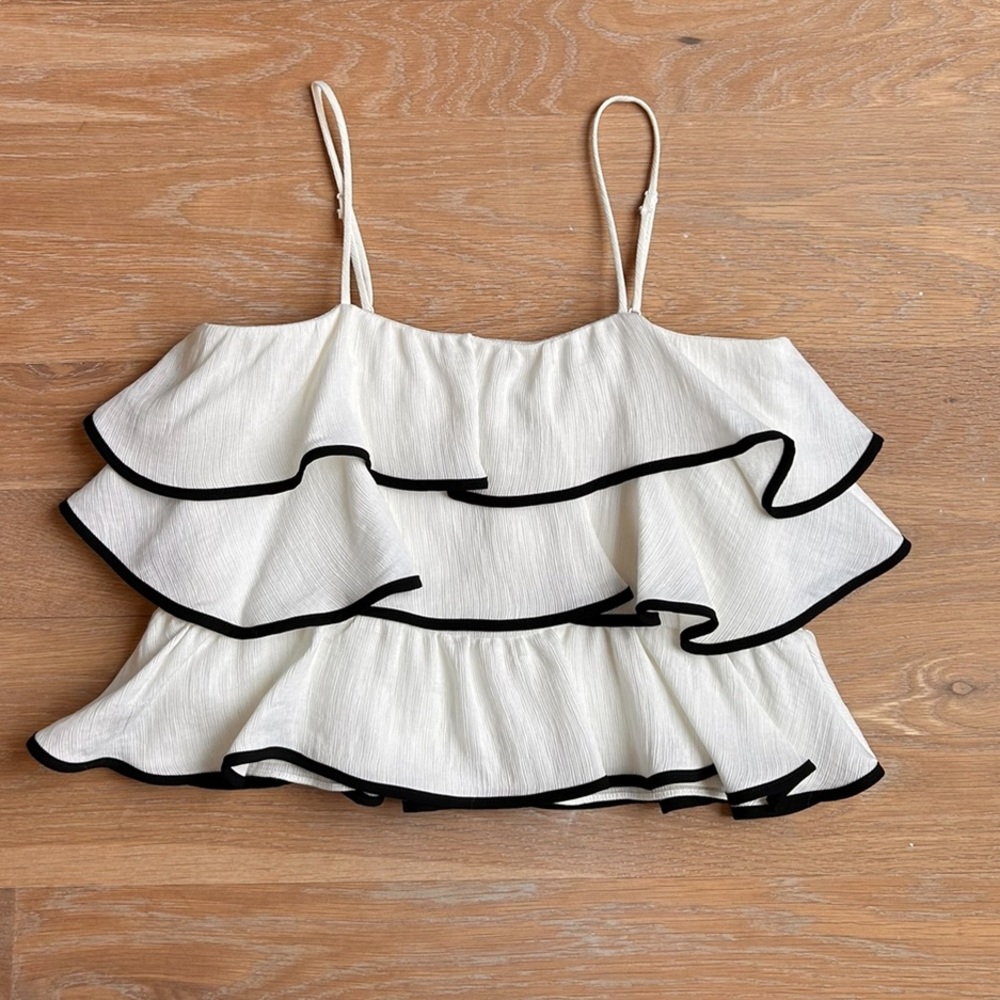 Fun white ruffle top black ribbing prose & poetry brand